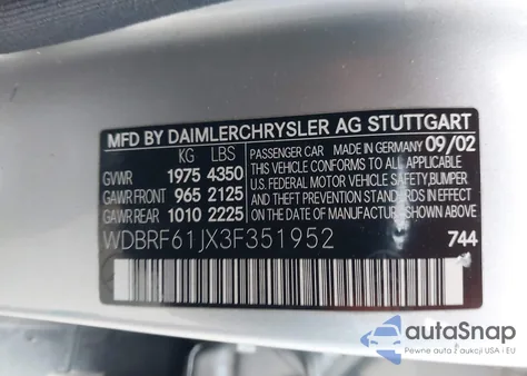 2003 Mercedes-Benz C 240 from USA, damaged, VIN WDBRF61JX3F351952